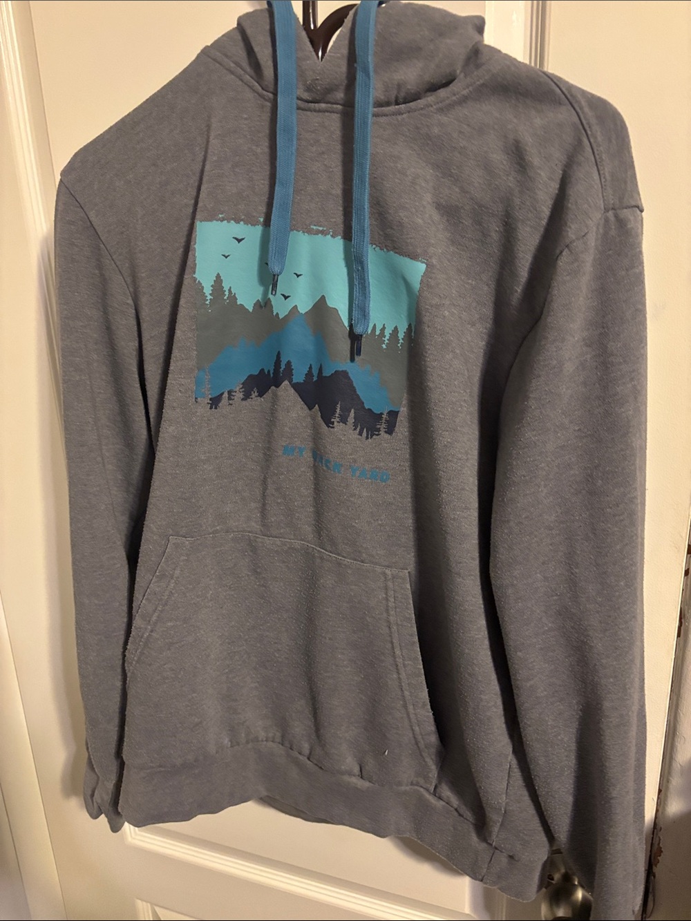 Gray Pullover Hoodie with Teal Mountain Print